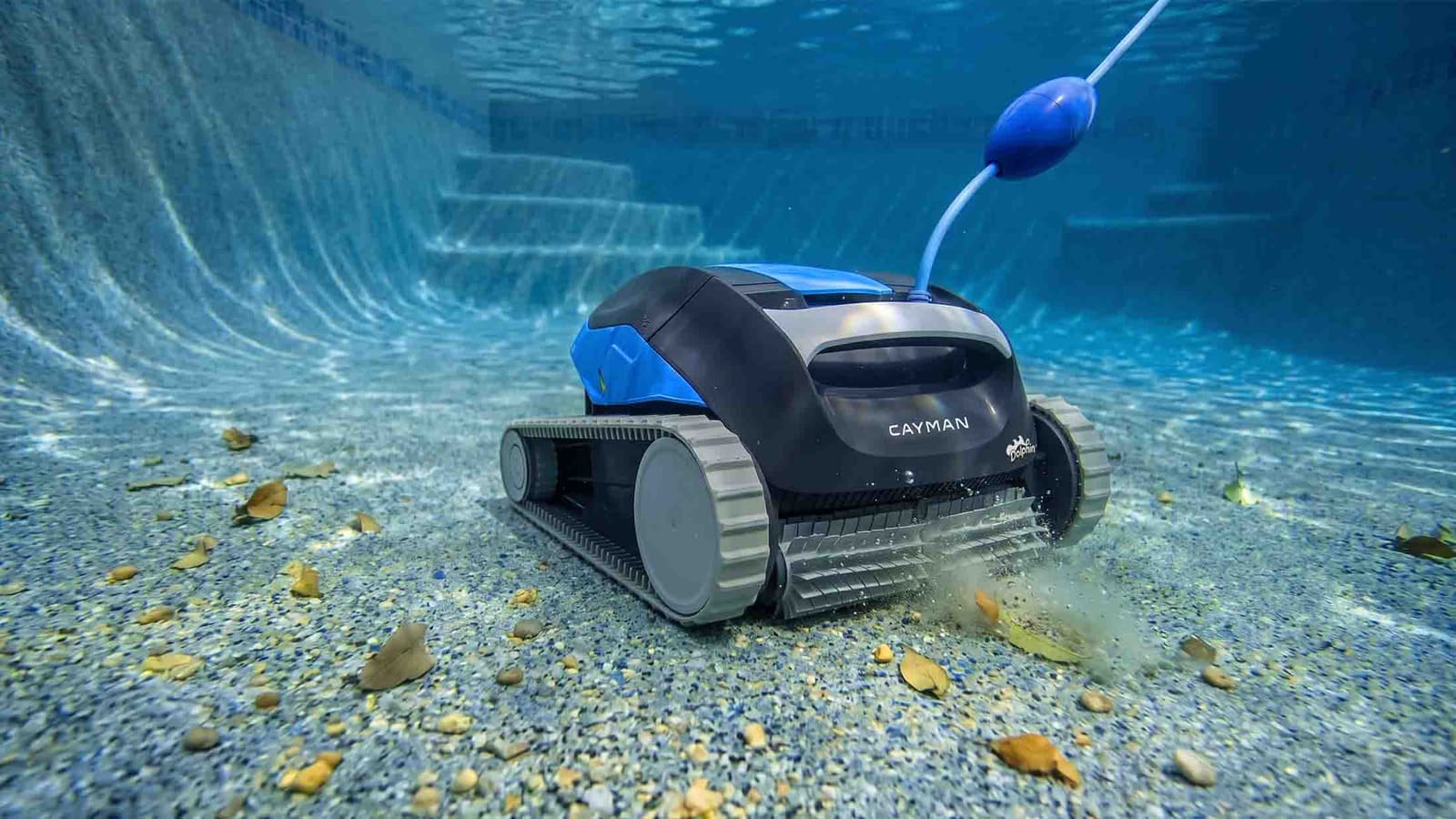 Dolphin Cayman robotic pool cleaner on the pool floor