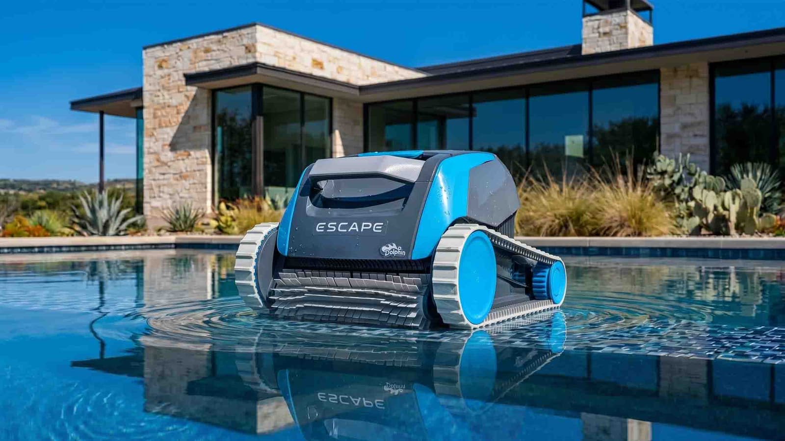 Dolphin Escape, a Max-Series robotic pool cleaner, on the edge of a backyard pool