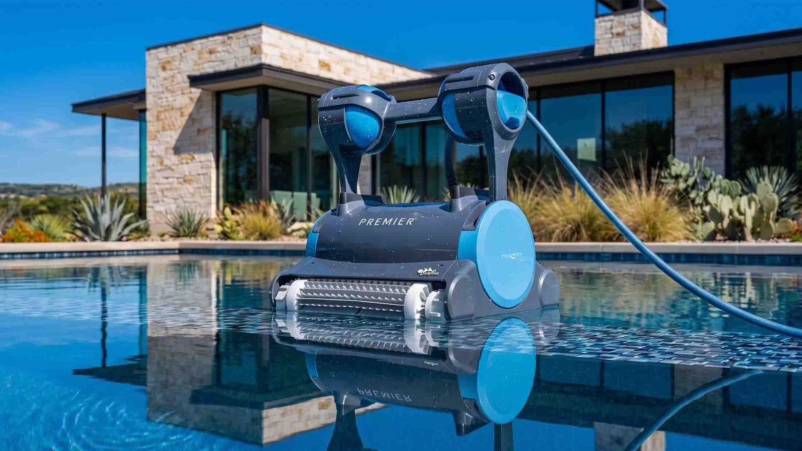 Dolphin Premier robotic pool cleaner beside a backyard pool