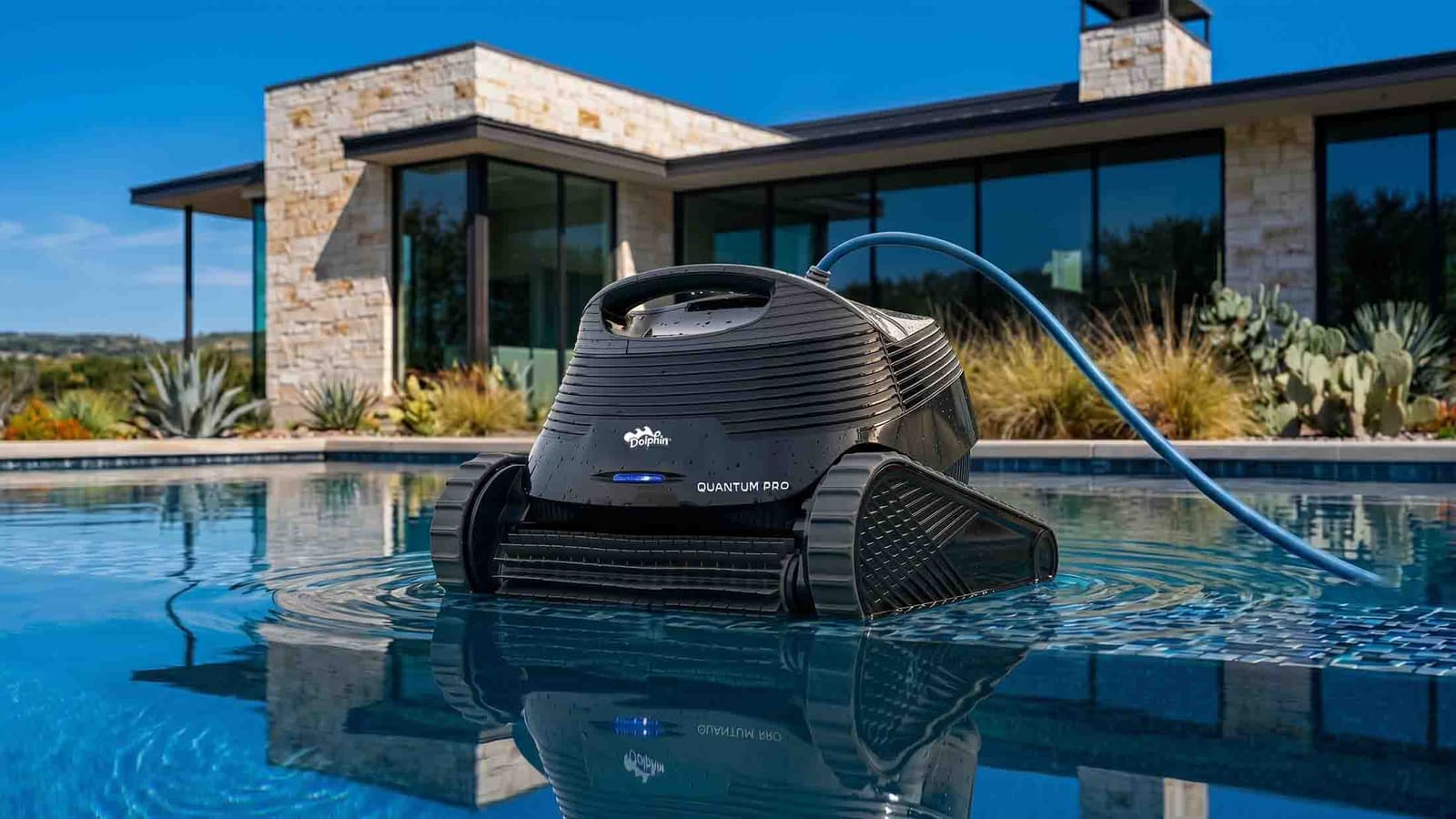 Dolphin Quantum Pro, a ProLine robotic pool cleaner, at the edge of a backyard pool