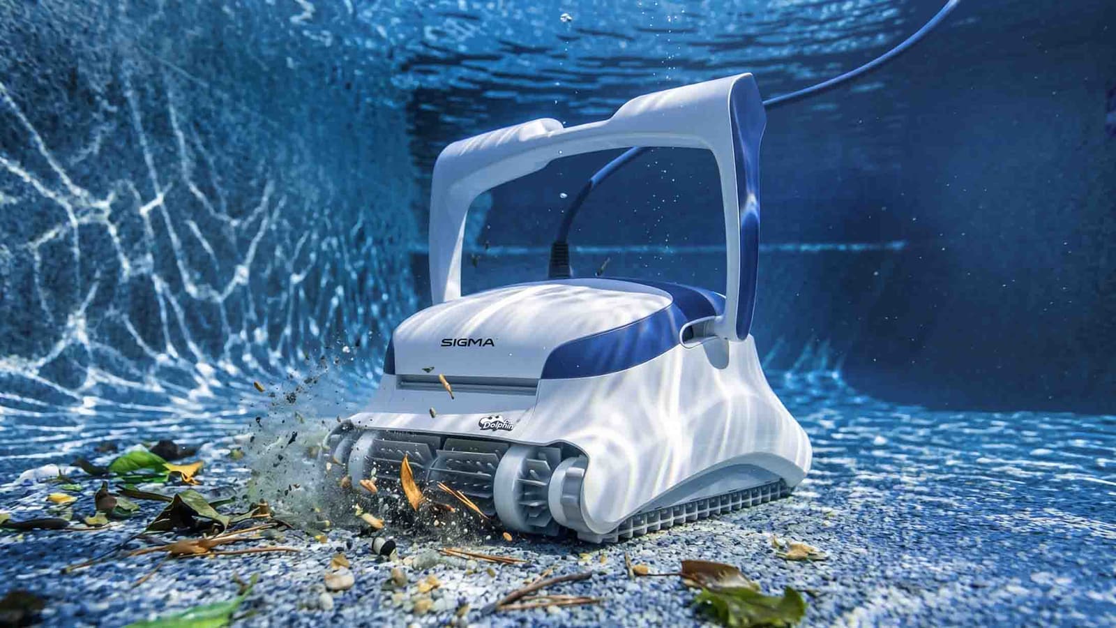 Dolphin Sigma robotic pool cleaner scattering leaves underwater